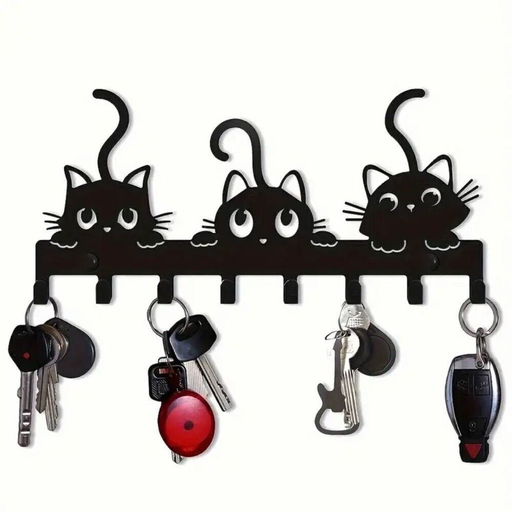 NWT Gorgeous 3 Black Cats Design Metalic 8 Hooks Wall Mount Key Holder Organizer
